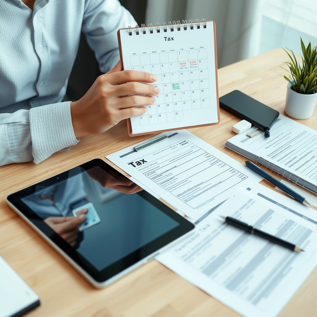 Professional stock photo of a freelancer organizing monthly and annual tax documents on a desk with a calendar and digital tablet, representing tax declaration processes.