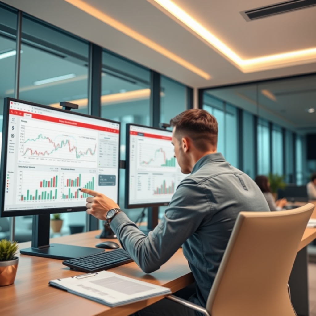 Professional stock photo of a freelancer reviewing advanced financial charts and retirement planning documents on dual monitors in a sleek office environment.