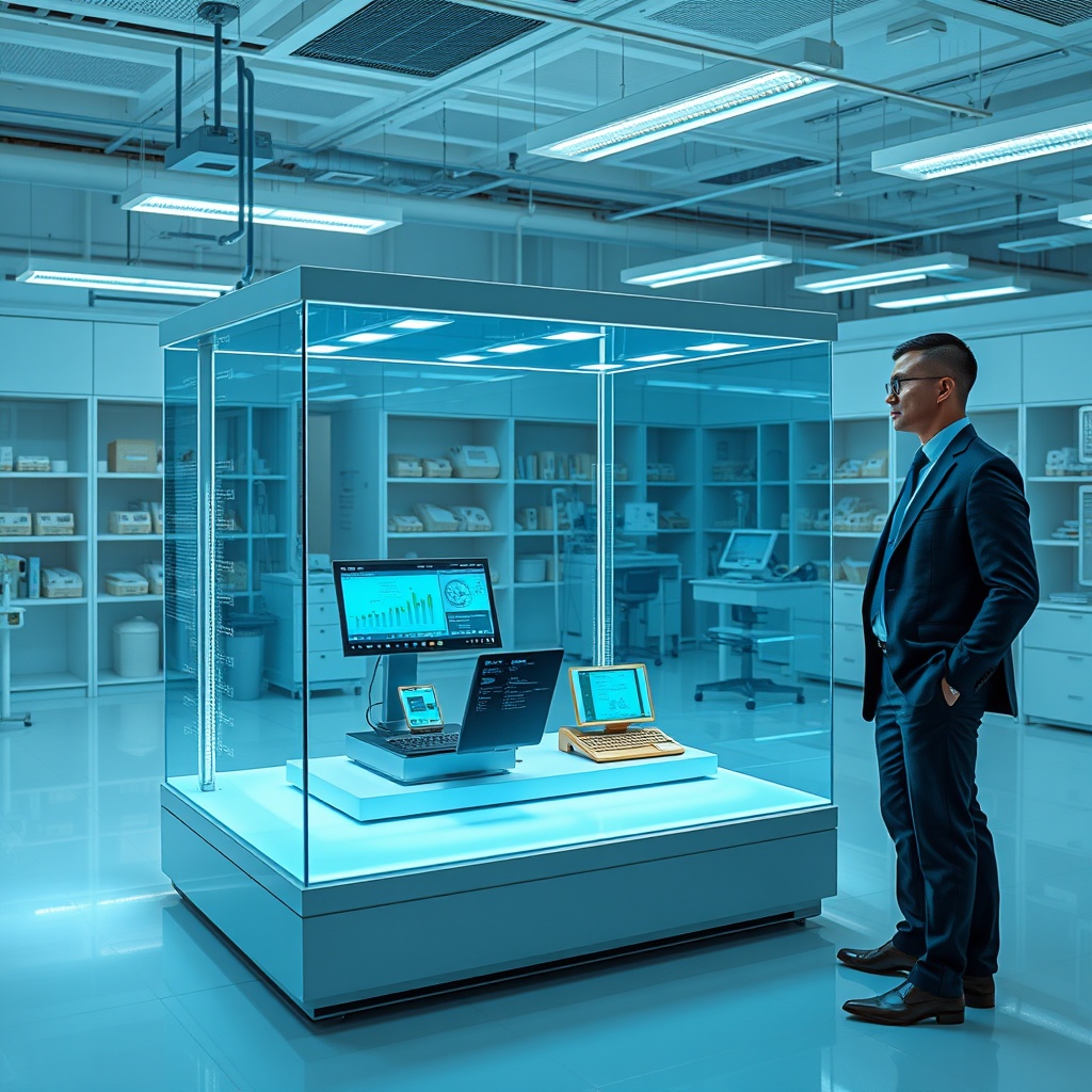 Professional stock photo of a modern laboratory-like environment with a clear glass box containing digital financial technology prototypes, with a person in business attire observing from outside, symbolizing controlled innovation testing in a regulatory sandbox.