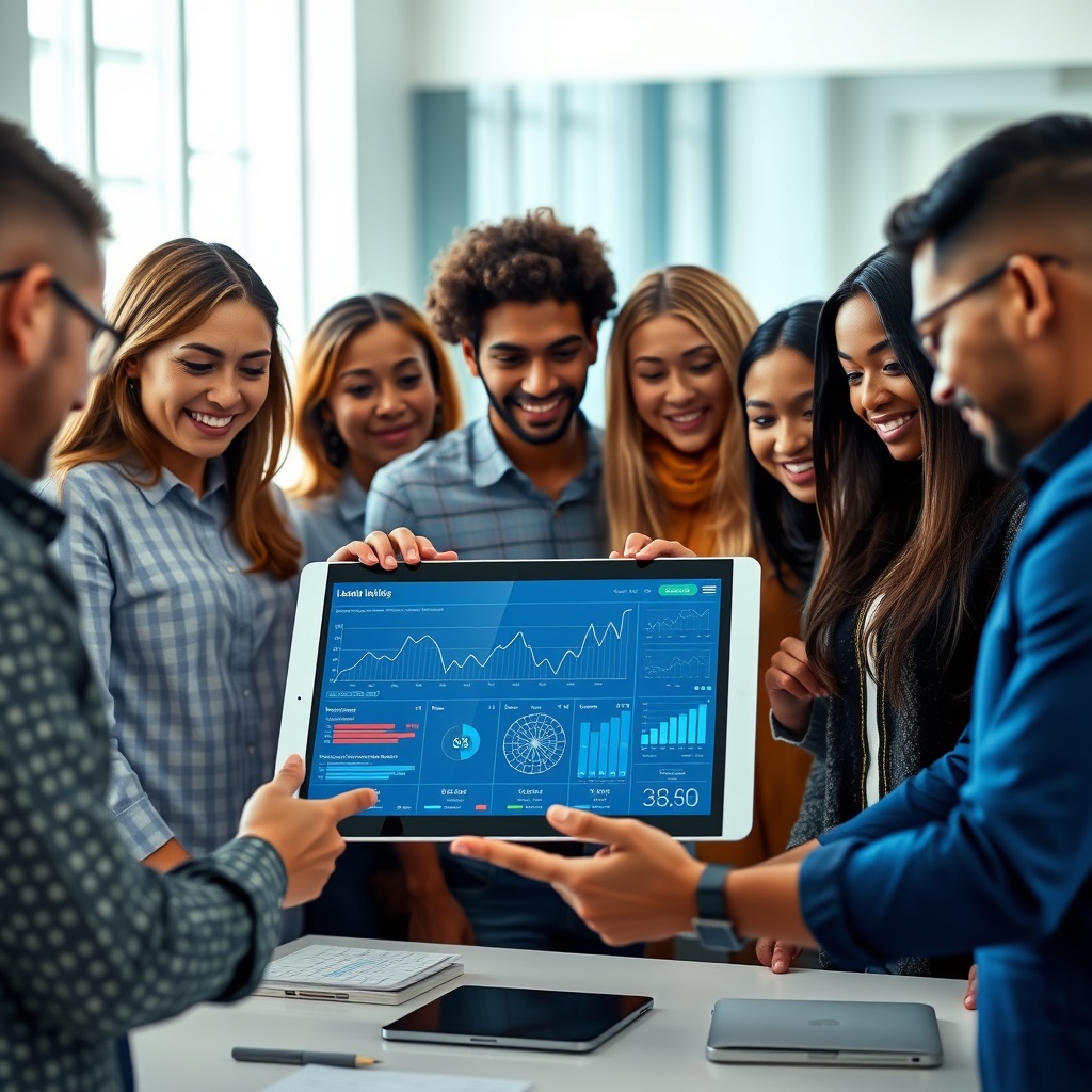 Professional stock photo of a diverse group of people gathered around a digital tablet displaying a peer-to-peer lending platform interface, with graphs and connection lines illustrating funding flows, in a bright collaborative workspace.