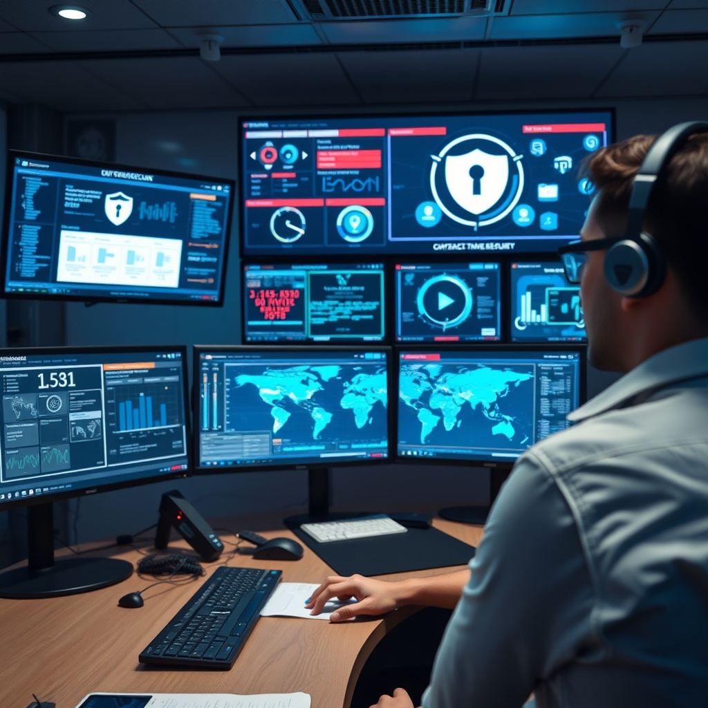 Professional stock photo of a cybersecurity expert in a modern control room monitoring multiple screens displaying data protection dashboards, encryption symbols, and network security maps, with a focus on digital safety.