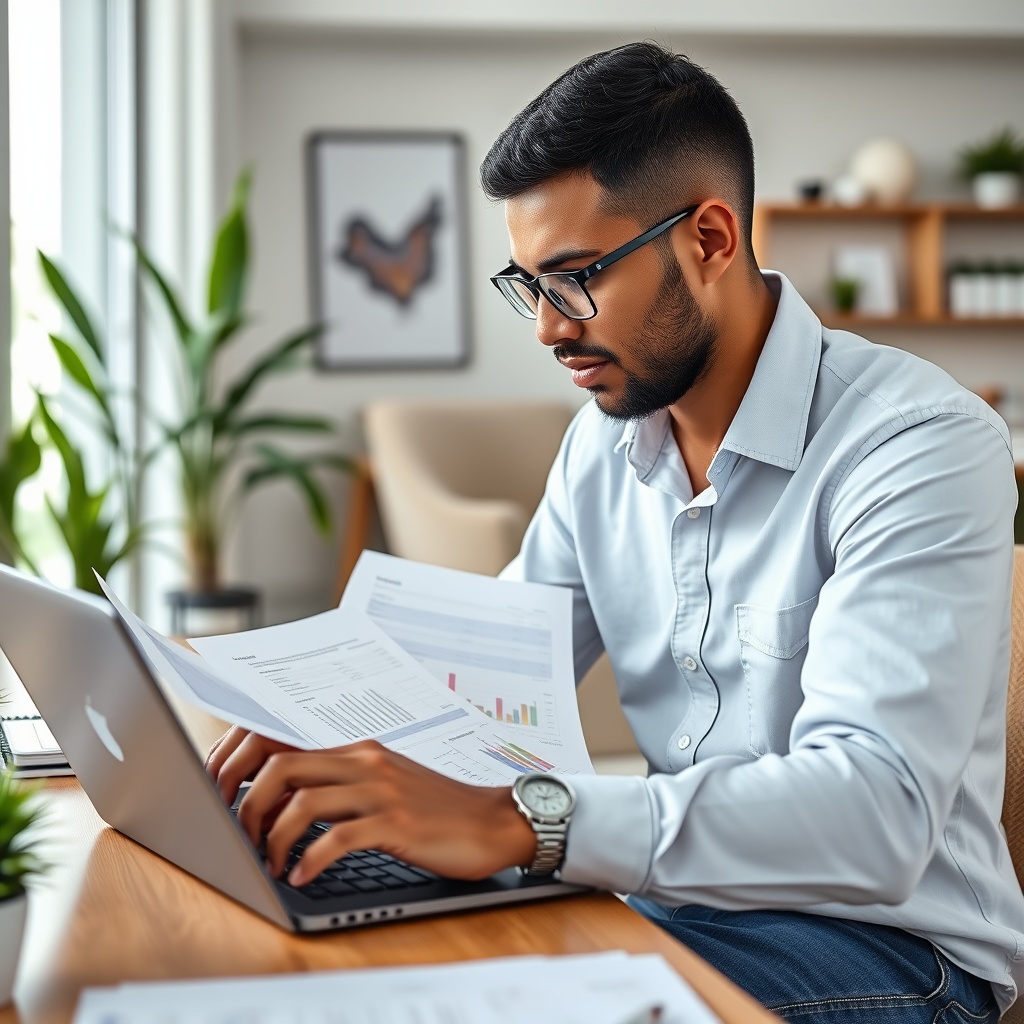 Professional stock photo of a freelancer in Micronesia reviewing tax documents on a laptop, with a calculator and financial charts visible, set in a modern home office with tropical elements.