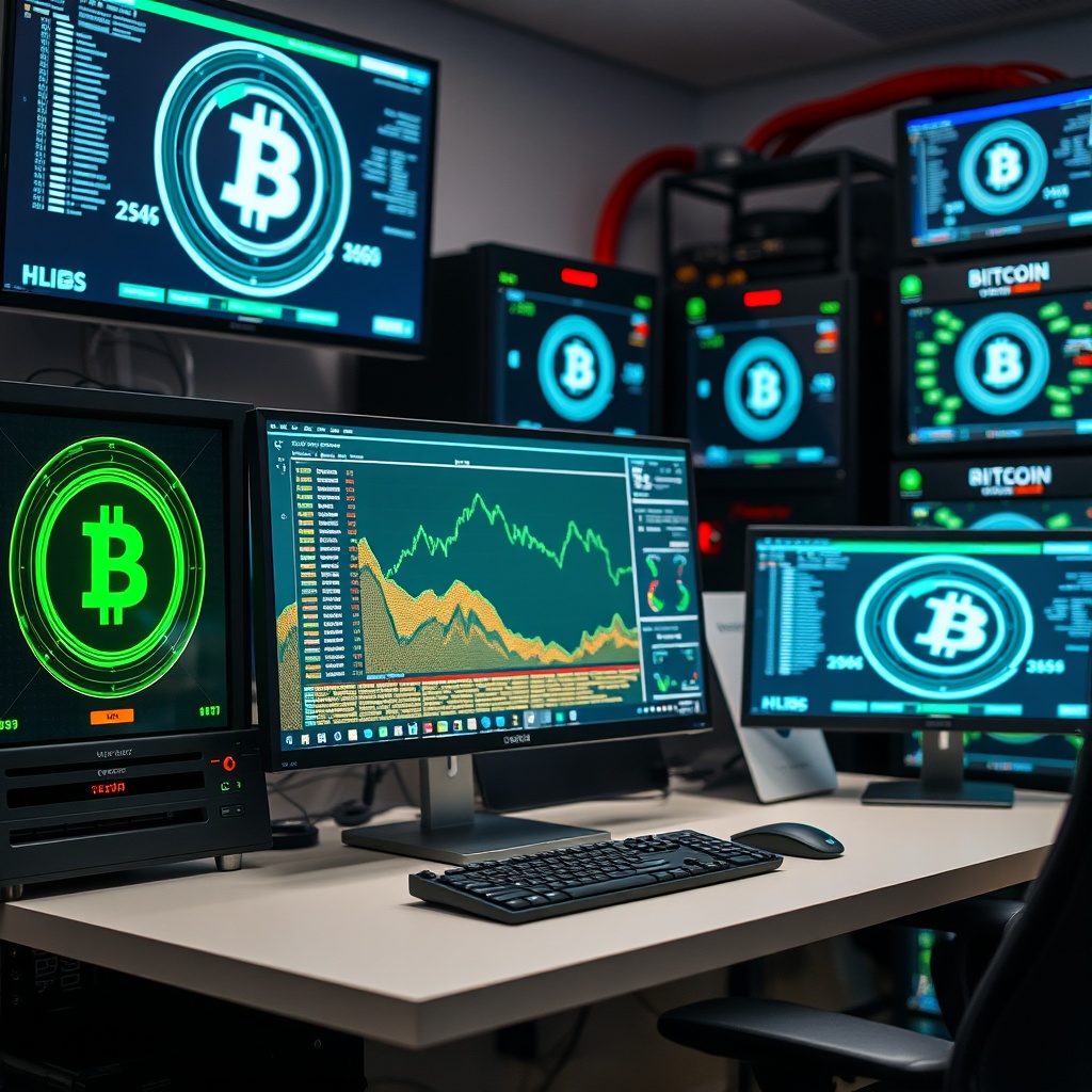 Professional stock photo of a modern computer setup with cryptocurrency mining rigs in the background, showing digital screens with blockchain visualizations, representing crypto mining and staking activities.