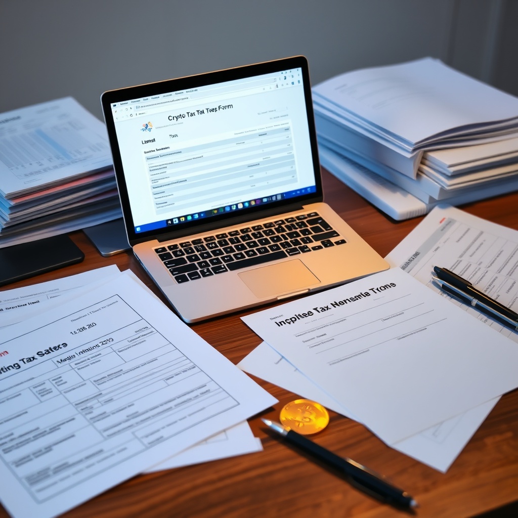 Professional stock photo of organized digital and paper documents on a desk, with a laptop displaying a tax form interface, symbolizing crypto tax reporting and compliance procedures.