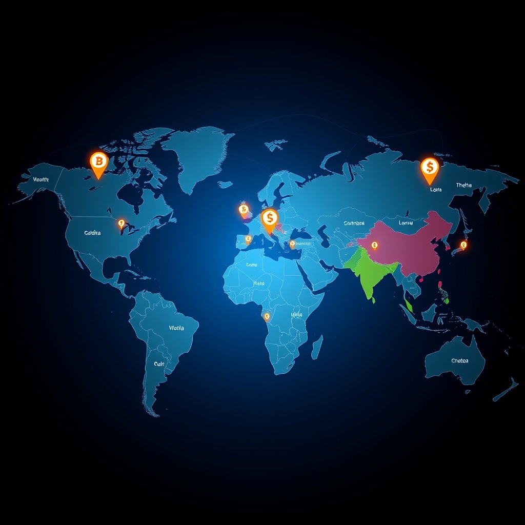 Professional stock photo of a world map with digital connections and cryptocurrency icons overlaying different countries, representing international tax considerations for expats.
