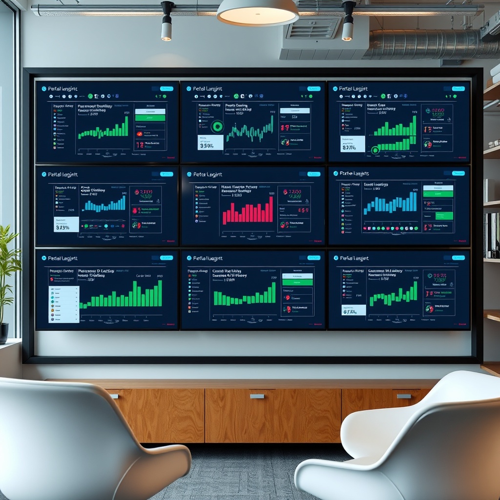 Professional stock photo of peer-to-peer lending platform interface on multiple screens with AI-driven credit scoring analytics and SME financing solutions displayed in a contemporary Hungarian fintech office.
