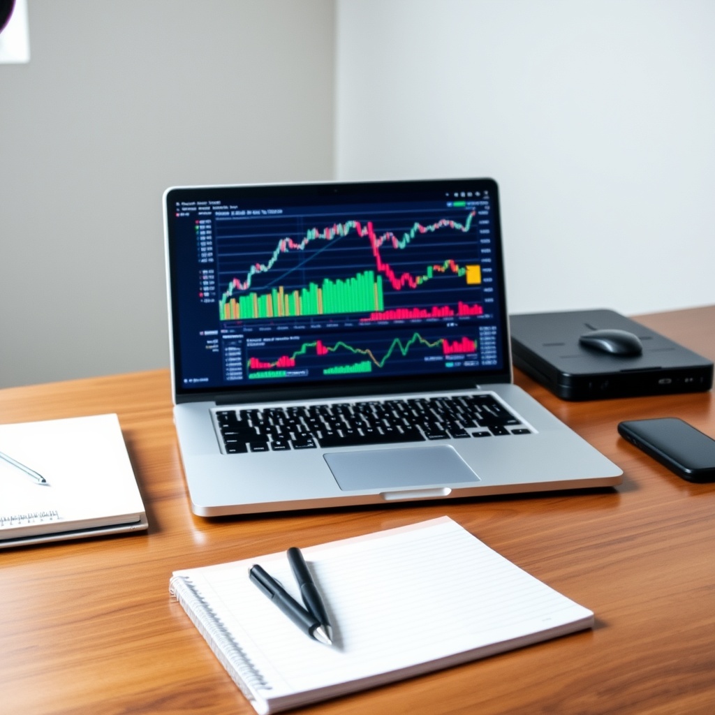 Professional stock photo of a modern office desk with a laptop displaying cryptocurrency charts, a notepad with a pen, and a clean, minimalist background, symbolizing taxable events and financial analysis.