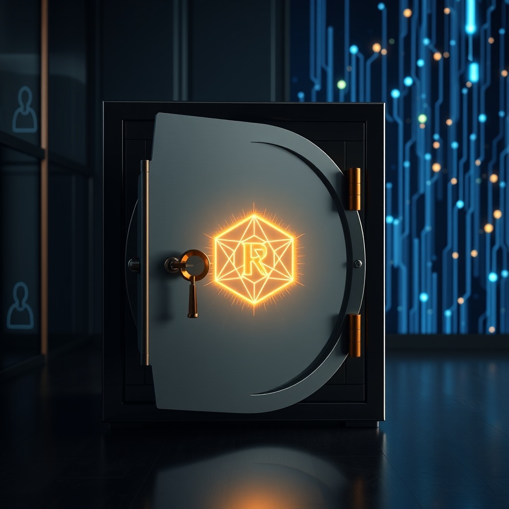 Professional stock photo of a secure, elegant safe or vault with digital elements like a glowing blockchain visualization in the background, representing inheritance and estate planning for digital assets.