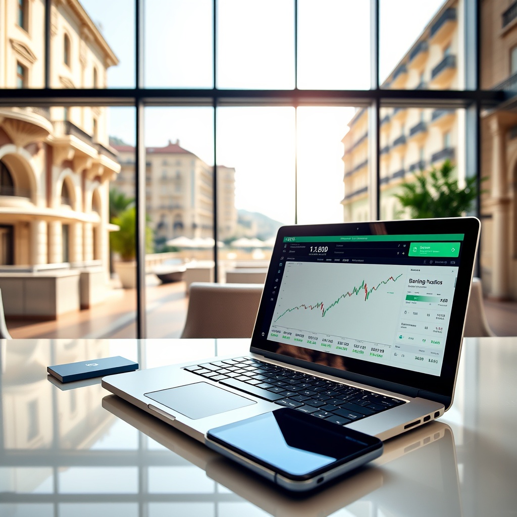 Professional stock photo of a modern banking office in Monaco with a sleek laptop displaying financial charts, a business card, and a smartphone with a banking app interface, set against a backdrop of elegant architecture and Mediterranean light.