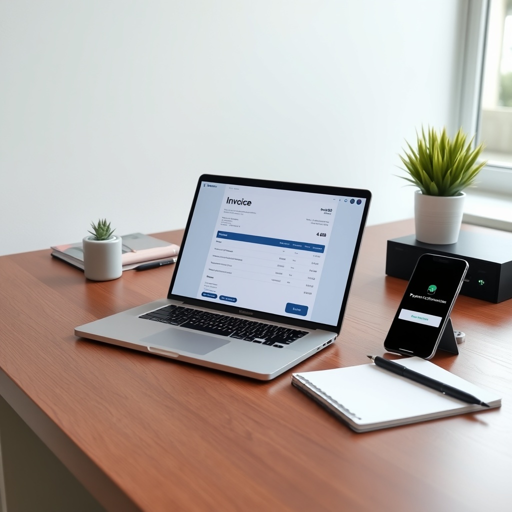 Professional stock photo of a clean, minimalist desk setup with a laptop showing a digital invoice template, a pen resting on a notepad, and a smartphone displaying a payment confirmation notification, in a bright, contemporary Monaco workspace.