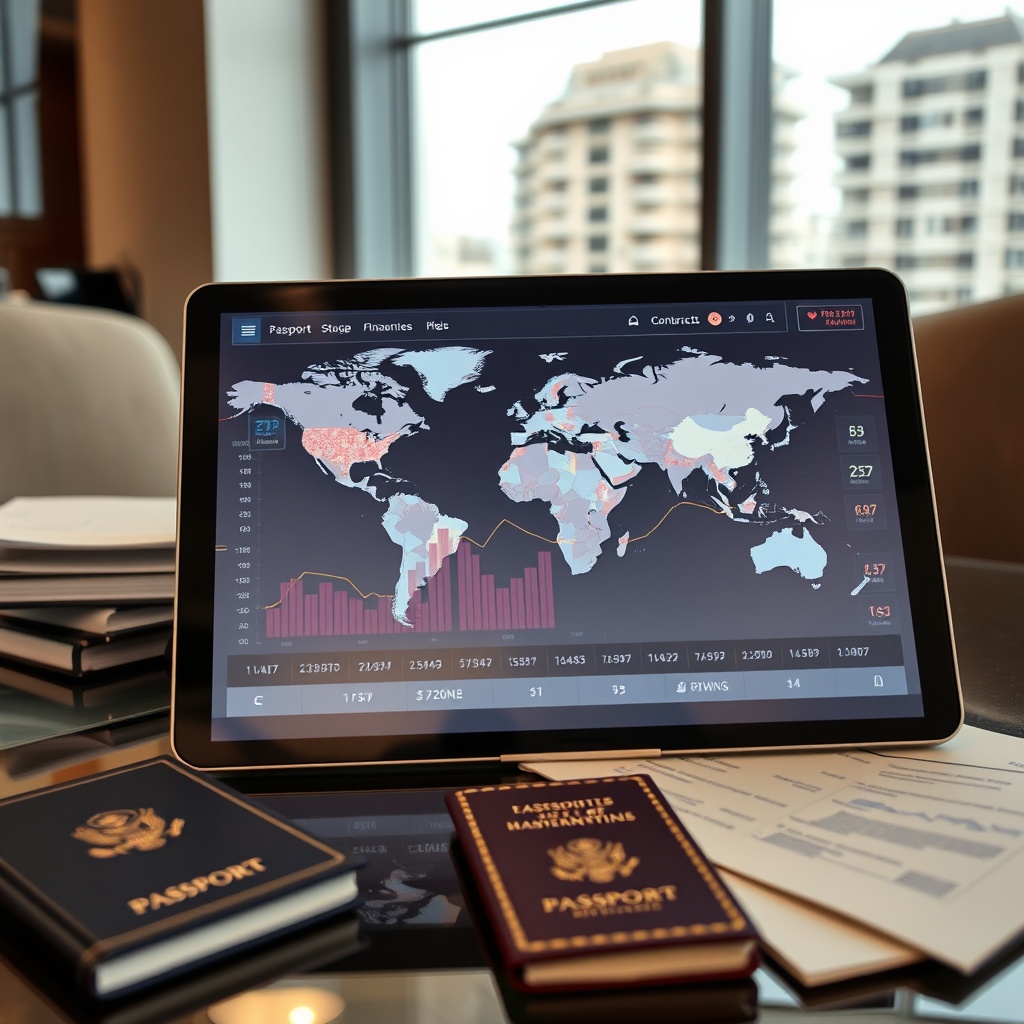 Professional stock photo of a global financial dashboard on a tablet screen, overlaid with world map graphics and currency symbols, placed on a desk with a passport and international contracts, in a sophisticated Monaco office setting.