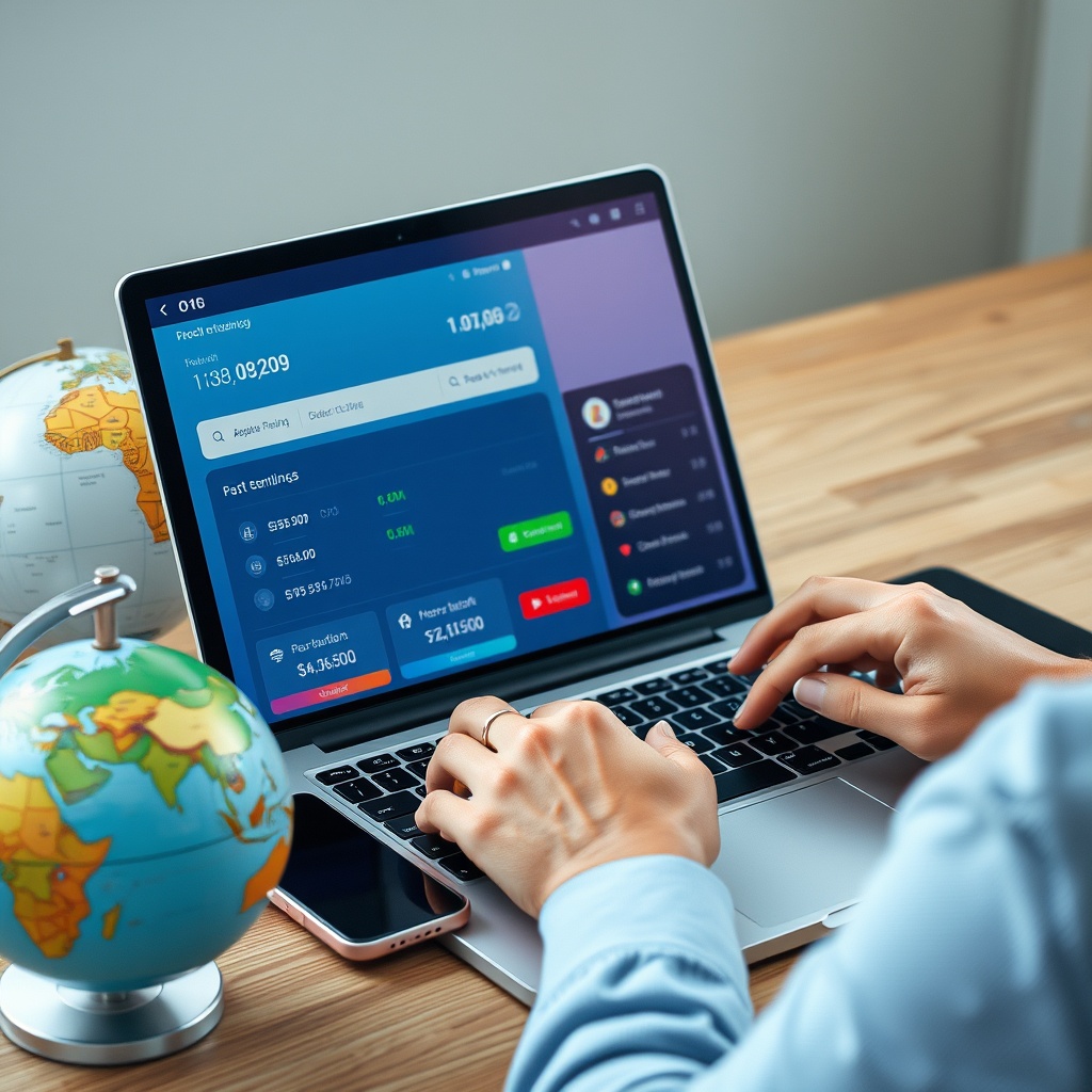 Professional stock photo of a person using a laptop with international banking apps open, showing currency exchange rates and payment processing interfaces, with a globe and smartphone nearby.