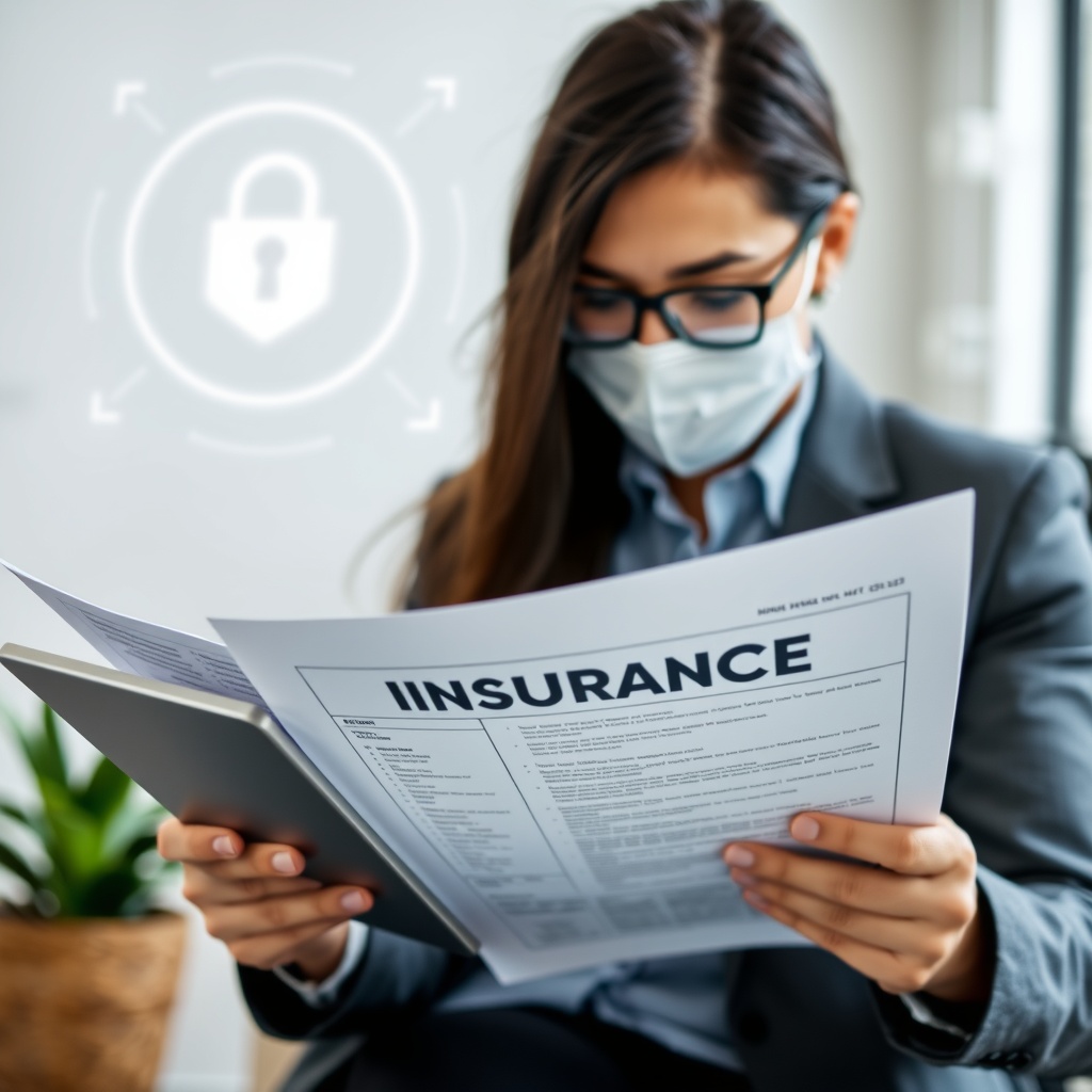 Professional stock photo of a freelancer reviewing insurance documents and risk management plans on a tablet, with a secure lock icon and protective shield graphics in the background.