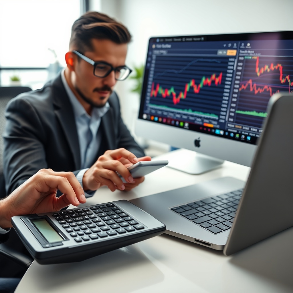 Professional stock photo of a person using a calculator and laptop with cryptocurrency charts on screen, focused expression, clean modern office background, representing tax calculation.