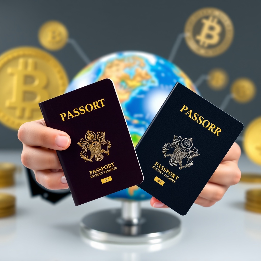 Professional stock photo of a person holding two passports with a globe and cryptocurrency symbols in the background, representing international tax considerations.