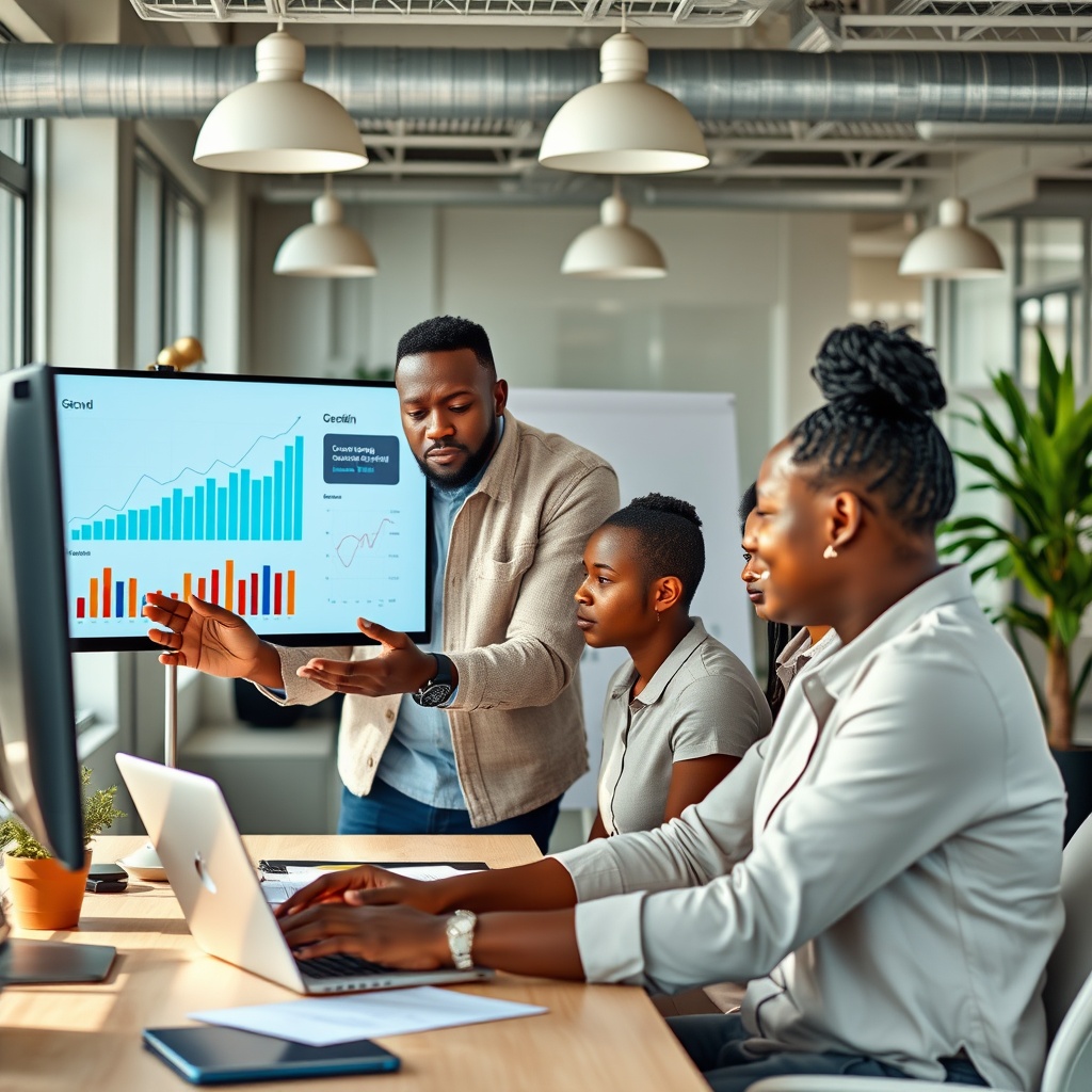 Professional stock photo of a successful Mozambican freelancer scaling their business by mentoring a small team in a bright office space, with growth charts on a screen, strategic planning session, high-quality commercial style.