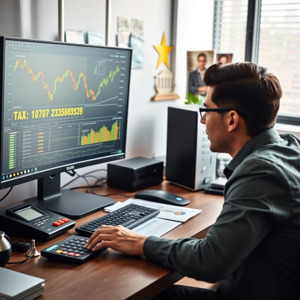 Professional stock photo of a modern financial analyst's desk with dual monitors displaying cryptocurrency charts and tax calculation software, a calculator, and Myanmar currency notes in the background, focused on tax rate analysis.