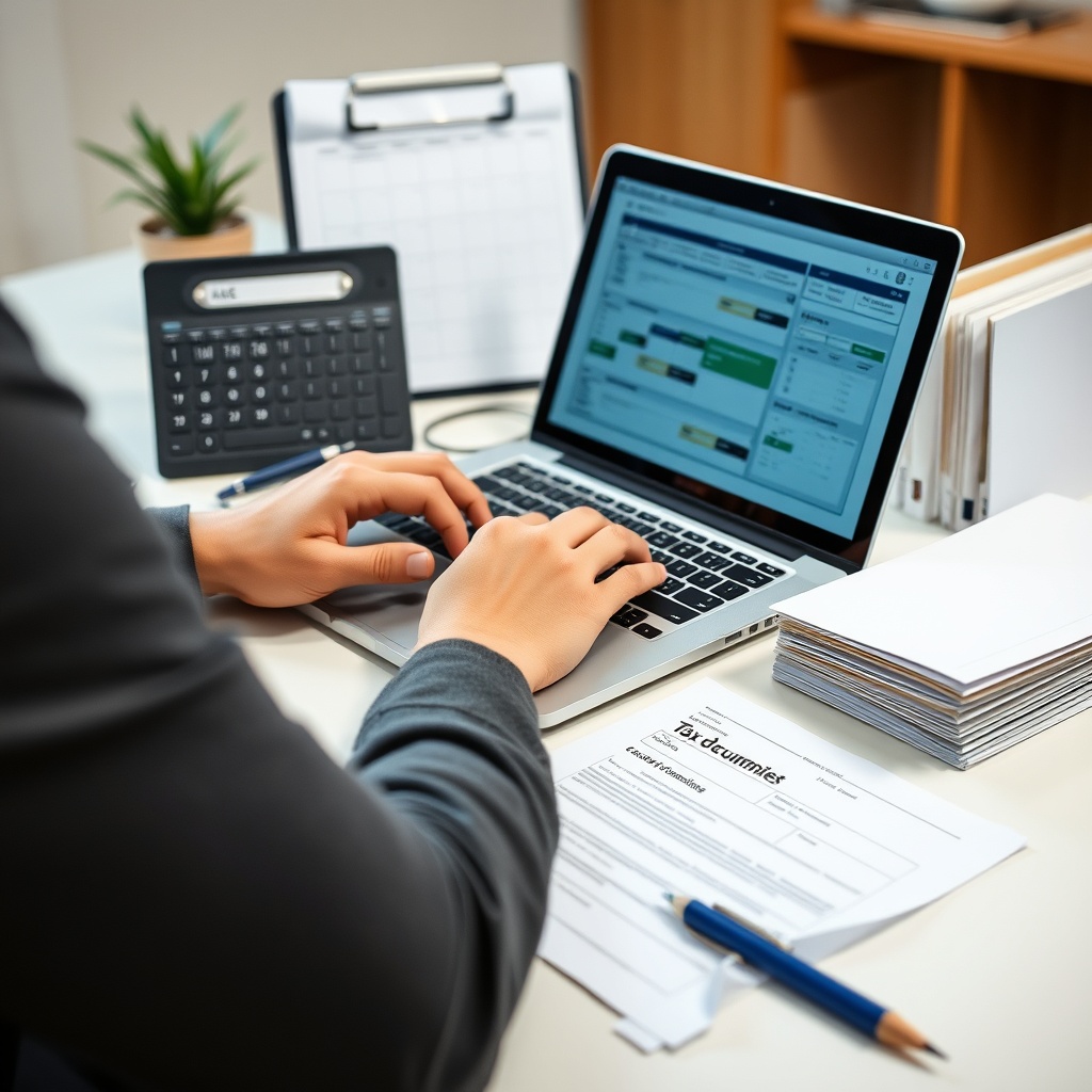 Professional stock photo of a person using a laptop to file digital tax documents, with a calendar showing deadlines and organized folders on a clean desk, representing tax reporting procedures.
