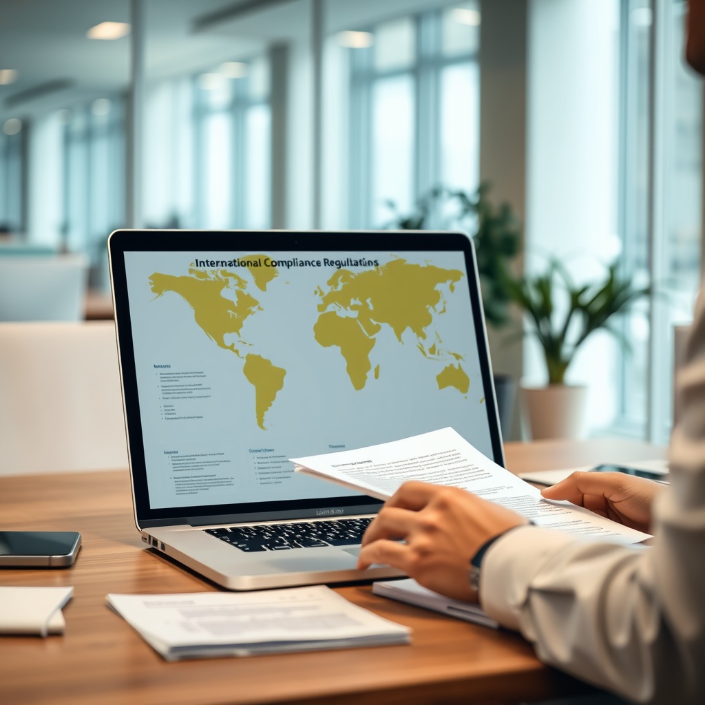 Professional stock photo of a person reviewing international compliance documents on a desk with a laptop showing global regulations, modern office setting.
