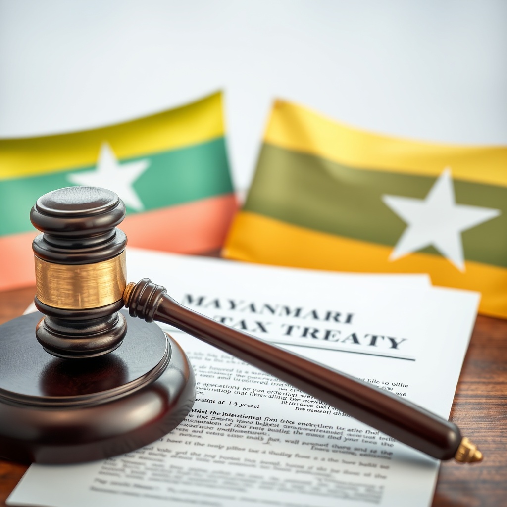 Professional stock photo of a gavel resting on legal documents about international tax treaties, with flags of Myanmar and another country in a blurred background, symbolizing cross-border taxation.