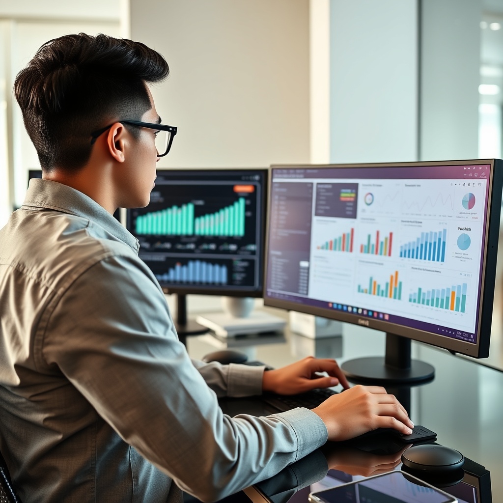 Professional stock photo of a freelancer in Myanmar using advanced financial planning software on dual monitors, displaying charts and graphs for tax optimization strategies, in a sleek office environment.
