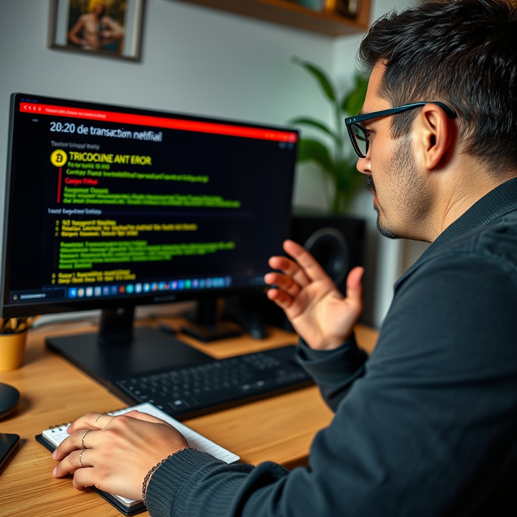 Professional stock photo of a person looking concerned at a computer screen showing cryptocurrency transaction errors, with a notepad and pen nearby in a home office.