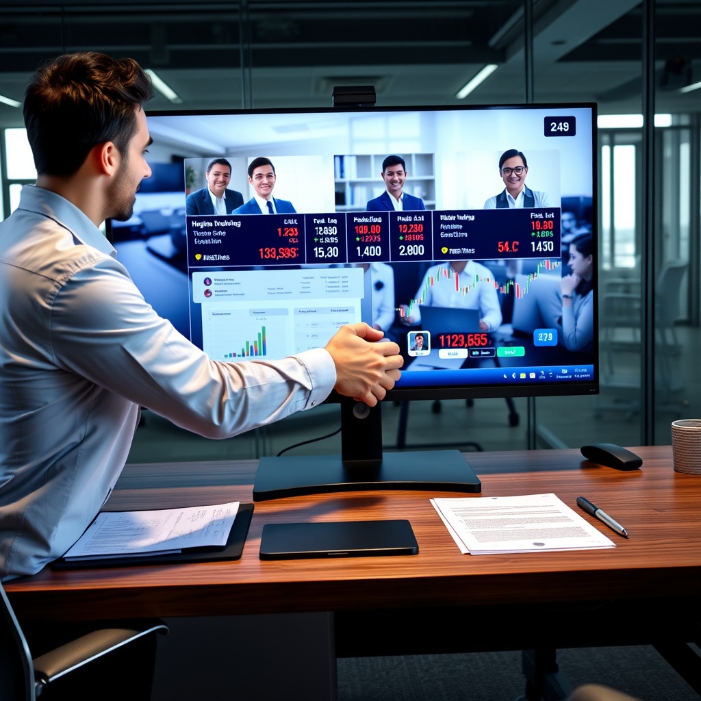 Professional stock photo of a freelancer shaking hands with an international client over video conference on a large monitor, showing currency exchange rates and contract documents on desk, modern office setting, professional attire, high-quality commercial style.