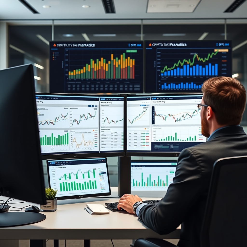A professional stock photo of a person strategizing with multiple screens showing crypto portfolio analytics and tax optimization charts in a modern office setting.