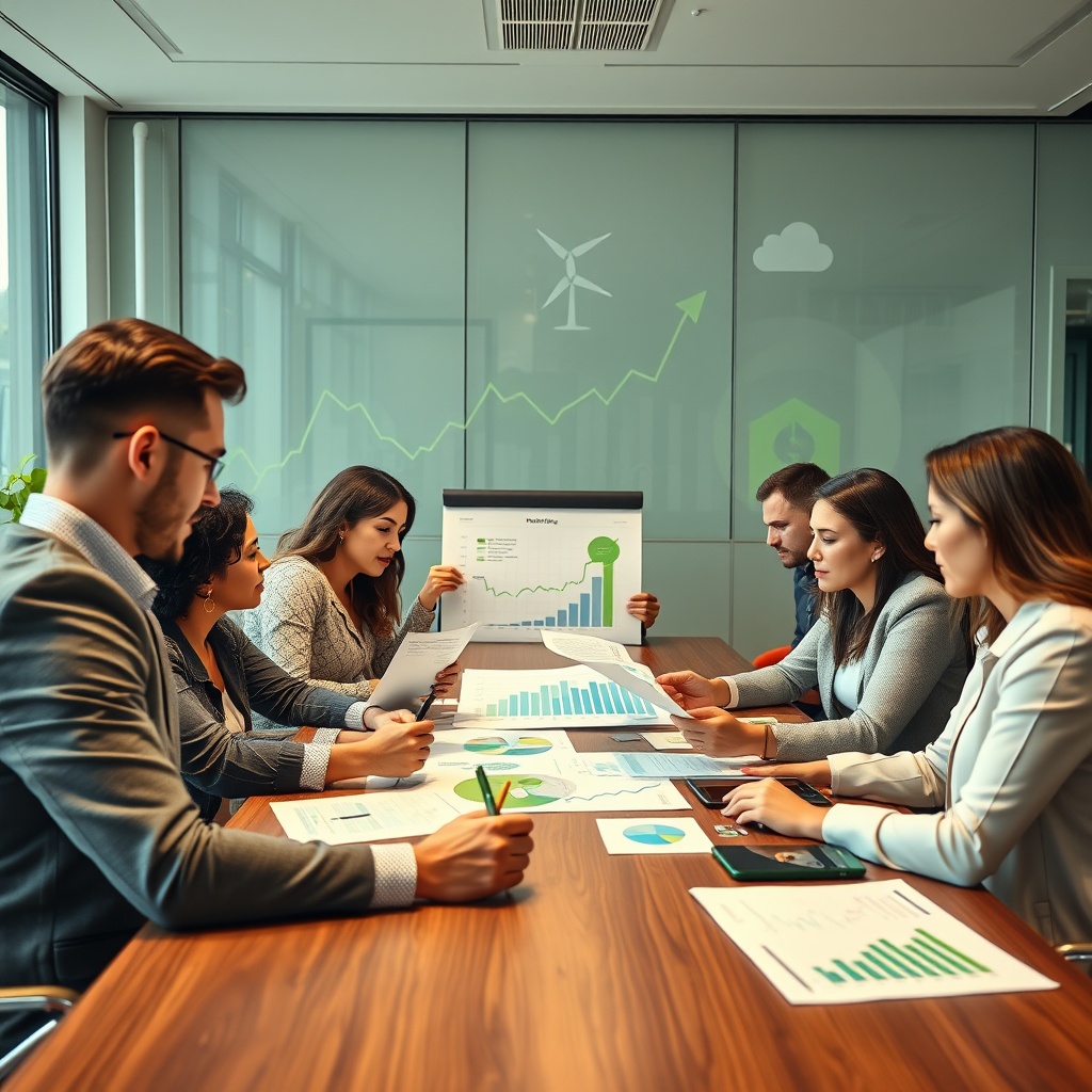Professional stock photo of a diverse group of business professionals analyzing financial charts and sustainability reports in a modern office boardroom, with clean energy and environmental symbols subtly integrated in the background.
