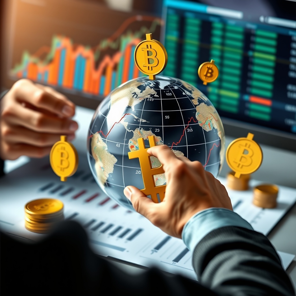 A professional stock photo of a person analyzing investment charts with a globe and cryptocurrency symbols, representing global tax impact and strategy adjustments.