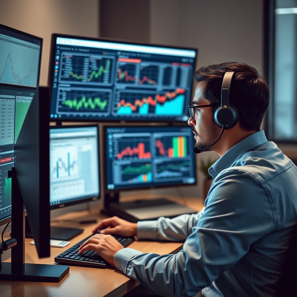 Professional stock photo of a financial analyst working on advanced capital modeling software with multiple monitors displaying stress test scenarios and risk analytics.