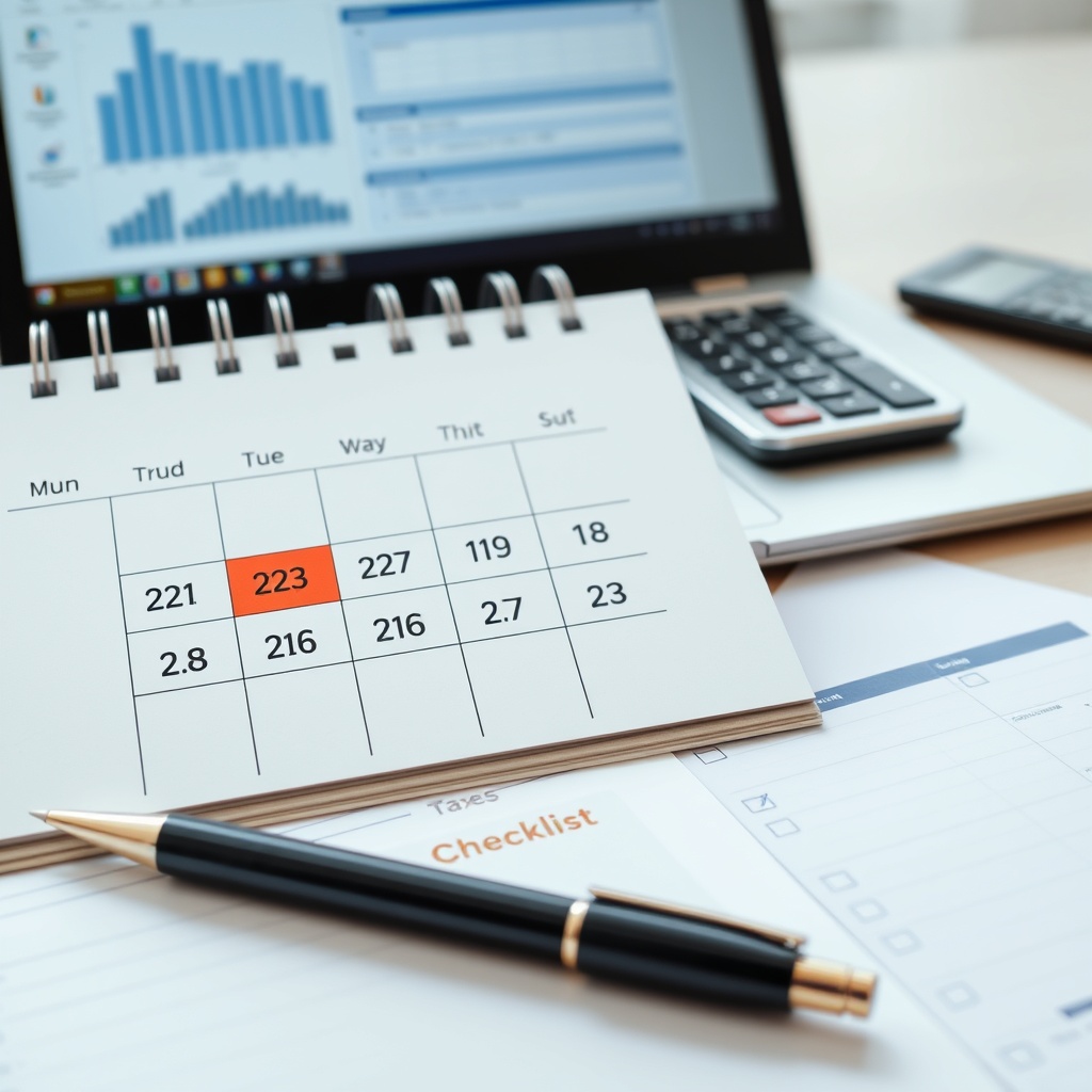 Professional stock photo of a calendar with highlighted quarterly dates, a checklist, and a pen, with a laptop showing tax software and a calculator in the background, symbolizing compliance requirements and deadlines.