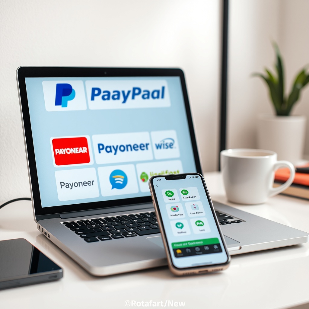 Professional stock photo of a modern laptop displaying multiple international payment platform logos (PayPal, Wise, Payoneer) with a smartphone showing Nepali digital wallet apps (eSewa, Khalti) on a clean desk with a cup of coffee, representing digital payment options for freelancers.