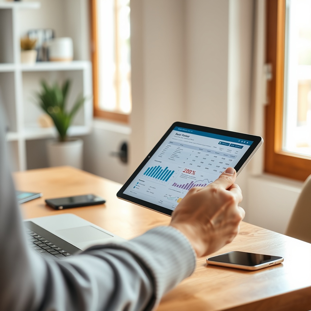 Professional stock photo of a person reviewing bank statements and financial documents on a tablet, with a sleek laptop and smartphone nearby, set in a modern home office with natural lighting, representing banking solutions and financial management for freelancers.