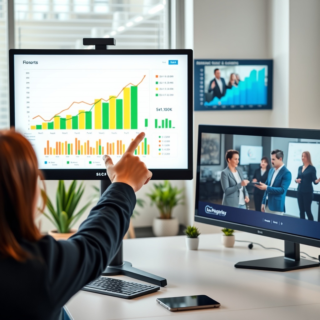 Professional stock photo of a person pointing at growth charts and financial projections on a large monitor, with team collaboration visible on a secondary screen, in a contemporary office setting with plants, representing business scaling and expansion strategies.