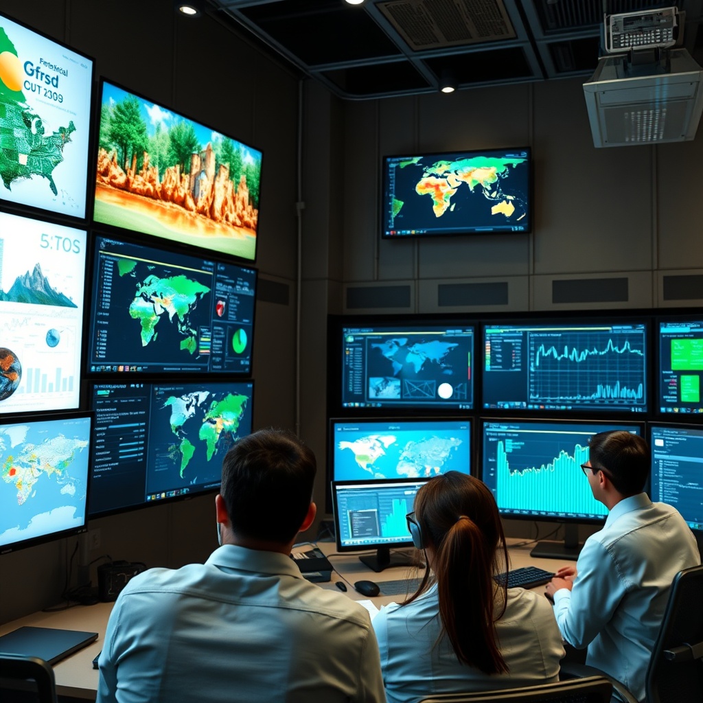 Professional stock photo of a team of experts in a control room monitoring real-time environmental and economic data on multiple screens, with maps and graphs showing risk mitigation strategies.