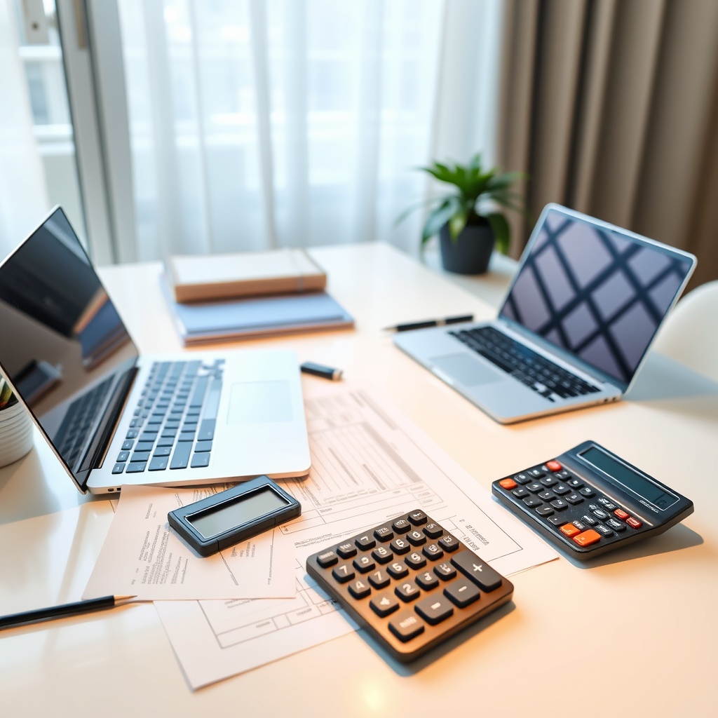 Professional stock photo of a modern home office setup with a laptop, tax documents, and a calculator on a clean desk, natural light, representing income tax calculations for remote workers.