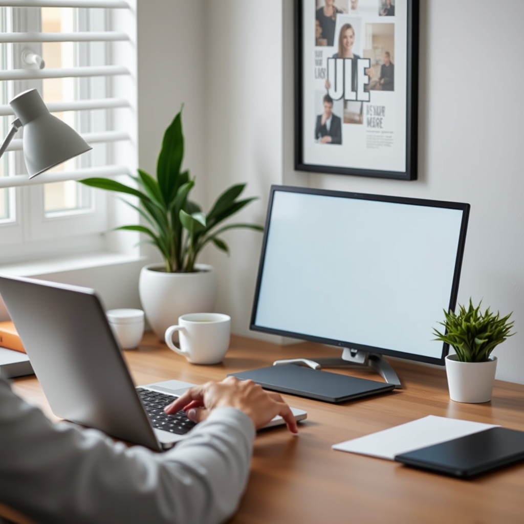 Professional stock photo of a person working on a laptop at a tidy home desk with a coffee mug and plant, showcasing a productive remote work environment for home office deductions.