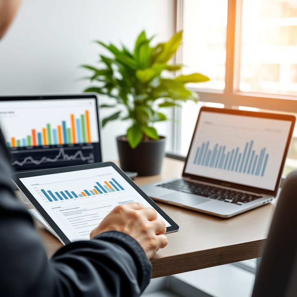 Professional stock photo of a modern office environment with a person reviewing financial documents on a tablet, a laptop displaying charts, and a plant in the background, symbolizing investment planning for sustainable business assets.
