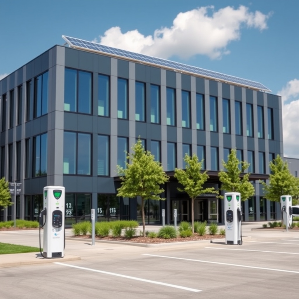 Professional stock photo of a sleek, modern office building with solar panels on the roof and electric vehicle charging stations in the foreground, representing sustainable construction and business park development.