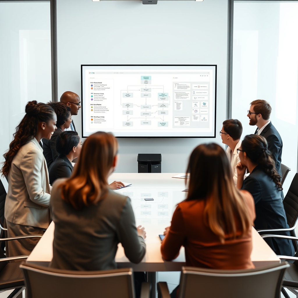 Professional stock photo of a diverse business team in a modern boardroom, collaboratively reviewing a complex flowchart on a large digital screen, symbolizing advanced strategic planning and compliance.