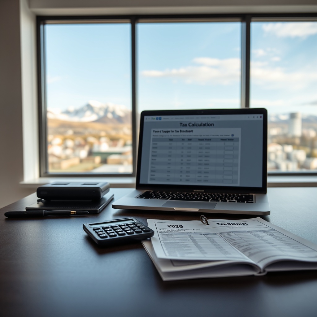 Professional stock photo of a modern office desk with a laptop displaying tax calculation software, a calculator, and a printed 2026 tax bracket chart, with a clean Icelandic cityscape visible through a window.