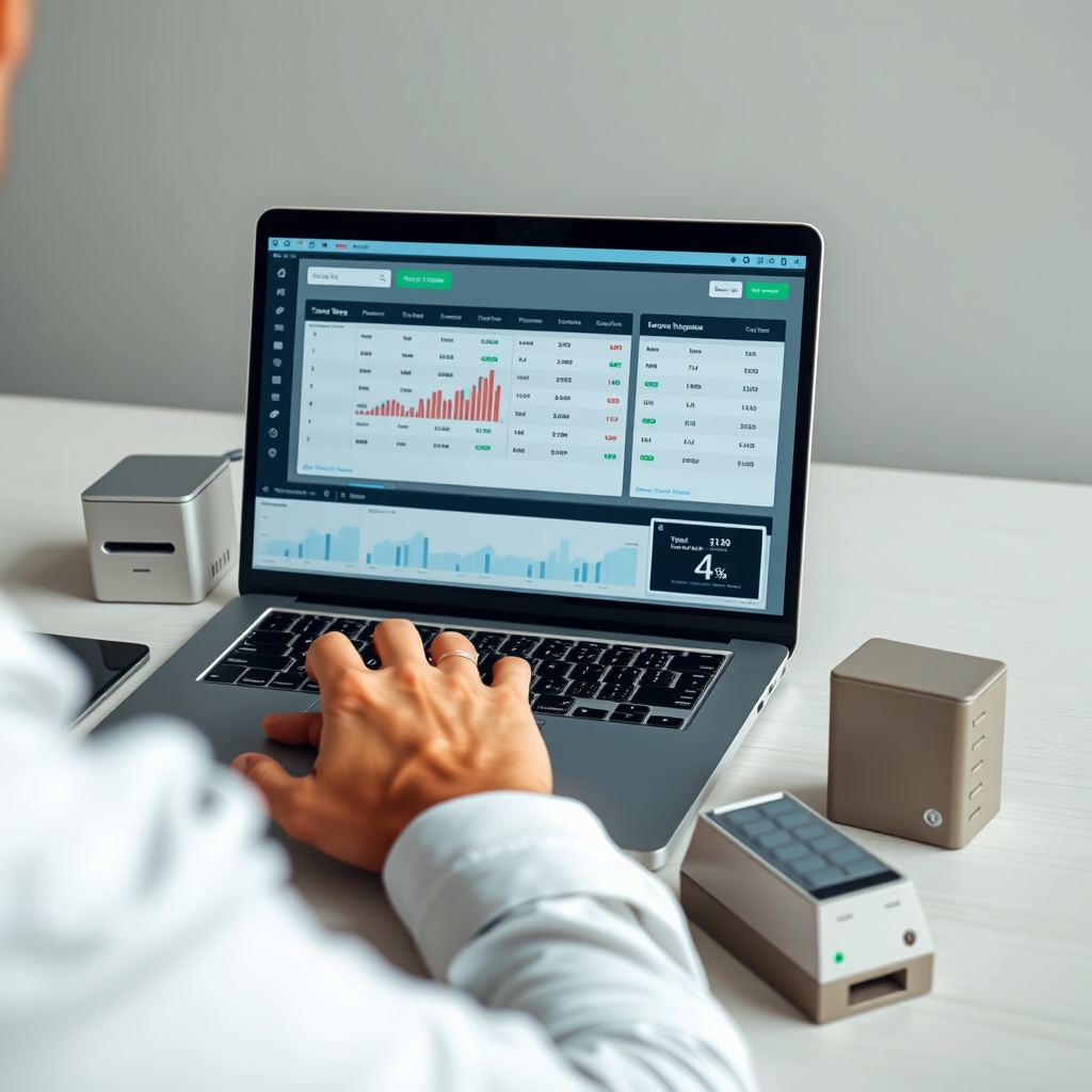 Professional stock photo of a person using specialized software on a laptop to manage a cryptocurrency portfolio, with secure storage devices nearby, depicting tools for tax management.