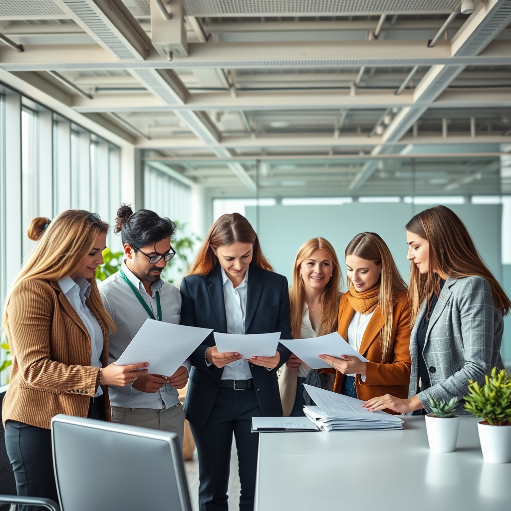 Professional stock photo of a diverse group of professionals in a bright, modern office collaborating over documents, representing foreign experts and specialists in a professional Icelandic work environment.