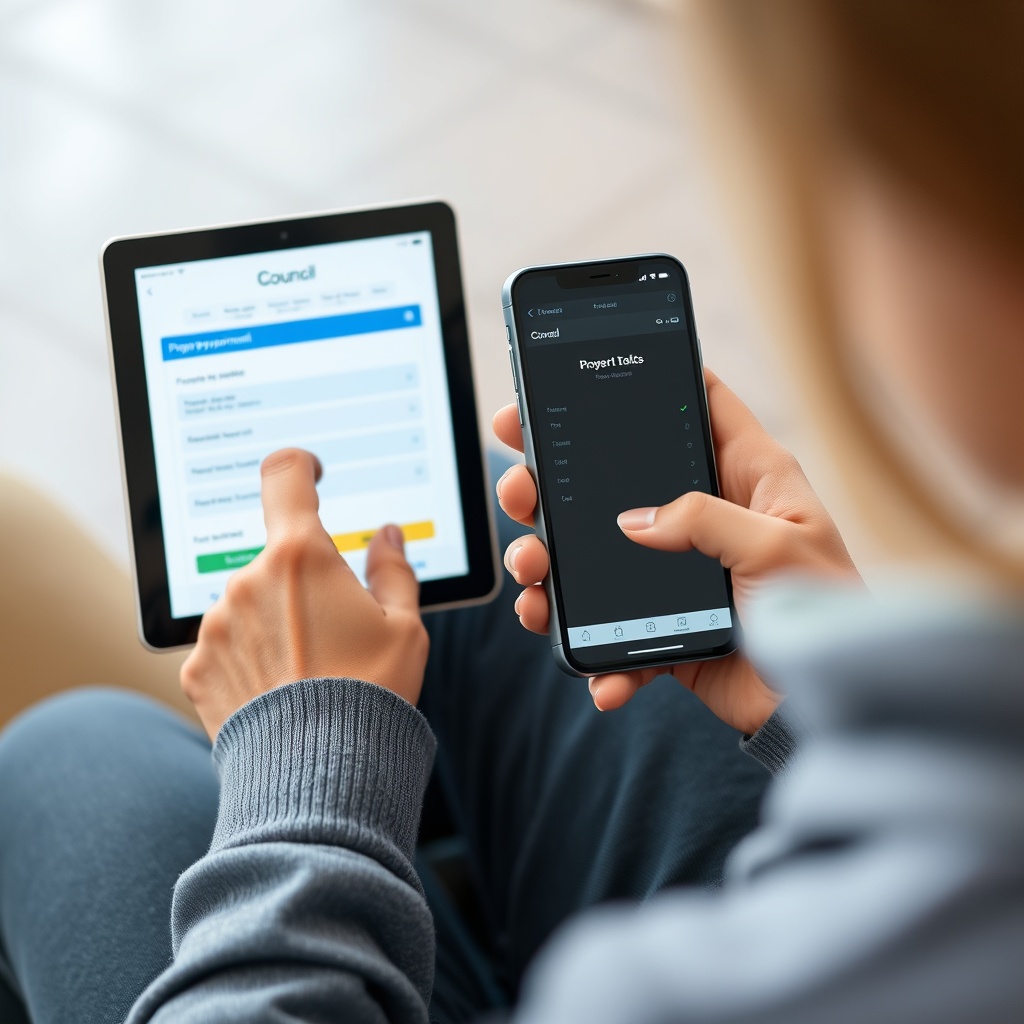 Professional stock photo of a person using a smartphone to access a council payment portal on a tablet, representing property tax payment management and budgeting tools.