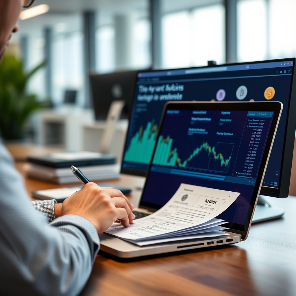Professional stock photo of a person meticulously organizing digital financial documents on a laptop, with a modern office background and subtle cryptocurrency symbols displayed on a second monitor.