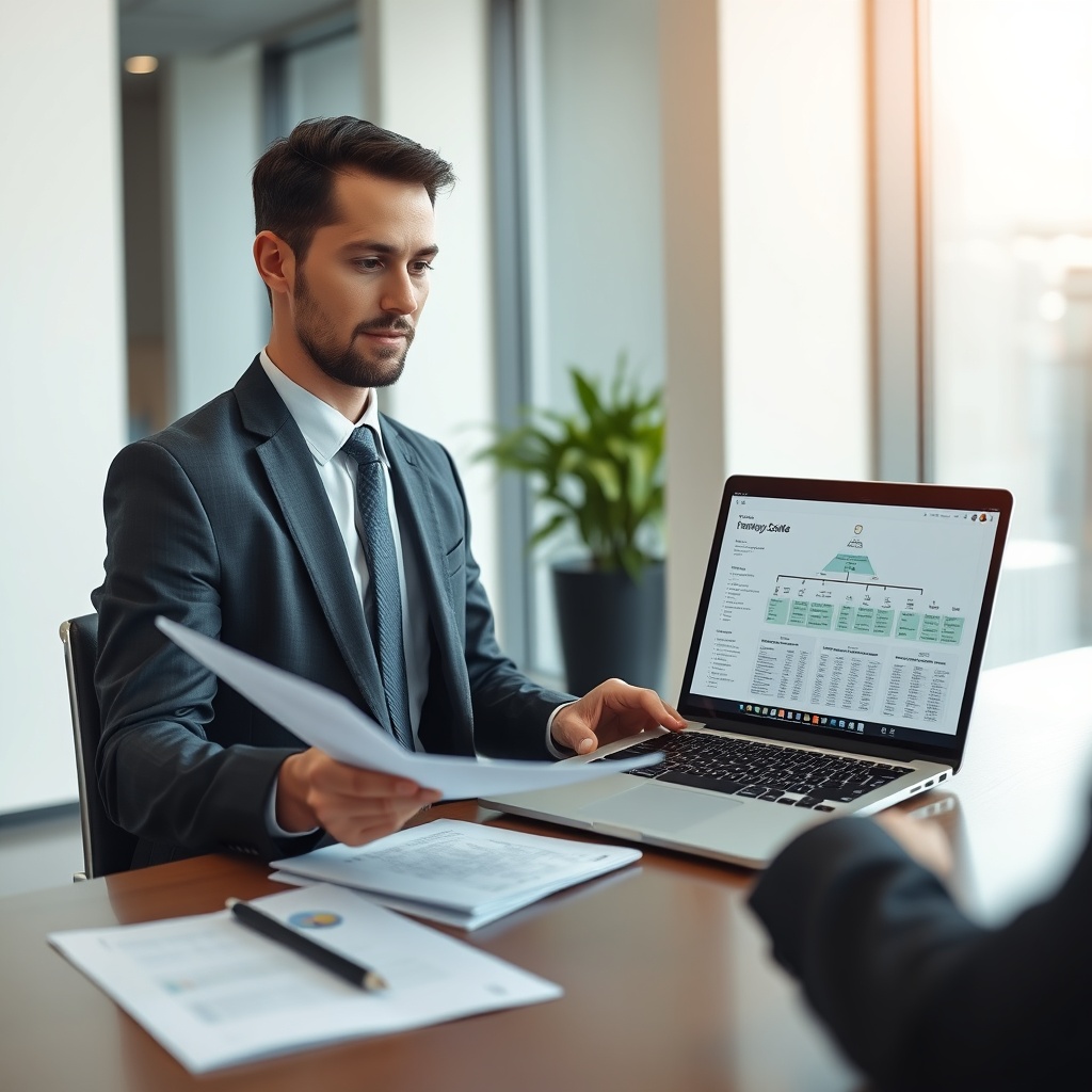 Professional stock photo of a person in business attire reviewing corporate financial documents and a laptop showing a company structure chart, in a sleek, contemporary office setting.
