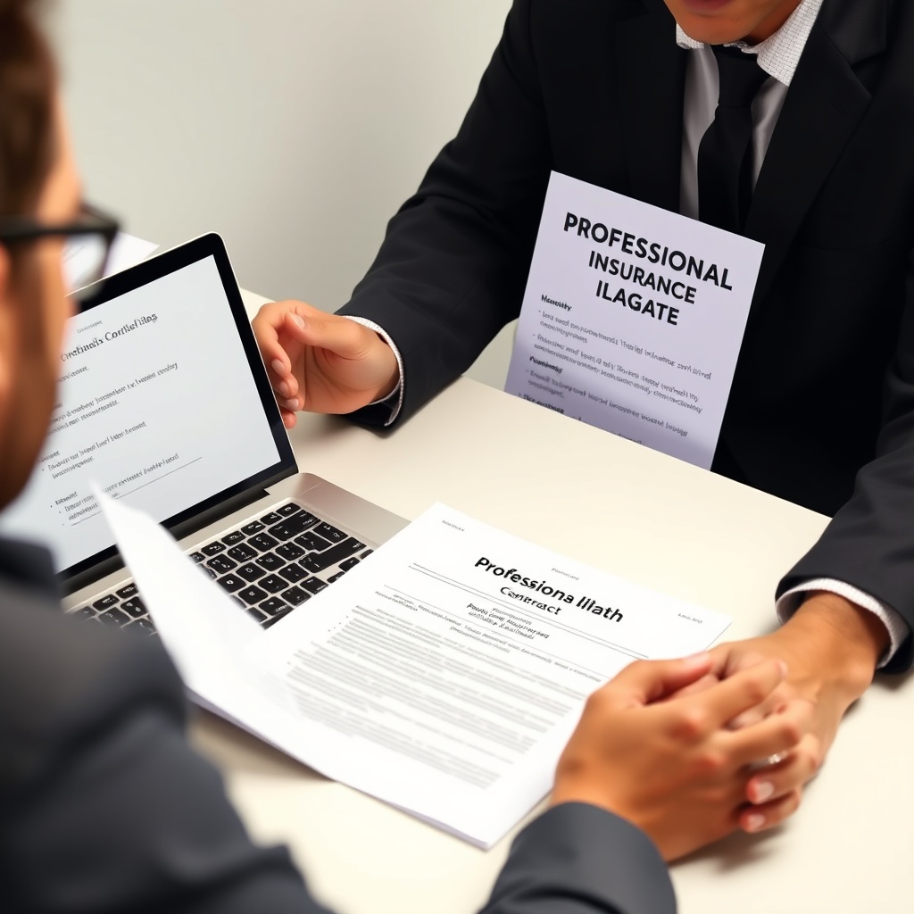 Professional stock photo of a freelancer reviewing a professional liability insurance document on a desk, with a laptop showing a contract and a cup of coffee, in a clean workspace.