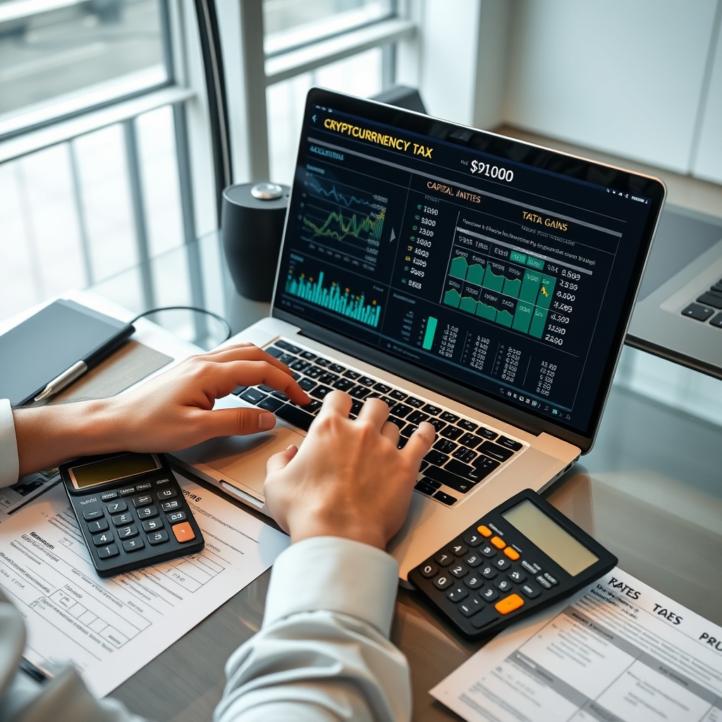 A professional stock photo of a person analyzing a laptop screen showing cryptocurrency tax calculations and capital gains charts, with a calculator and documents on a modern desk, representing tax rates and calculation methods.