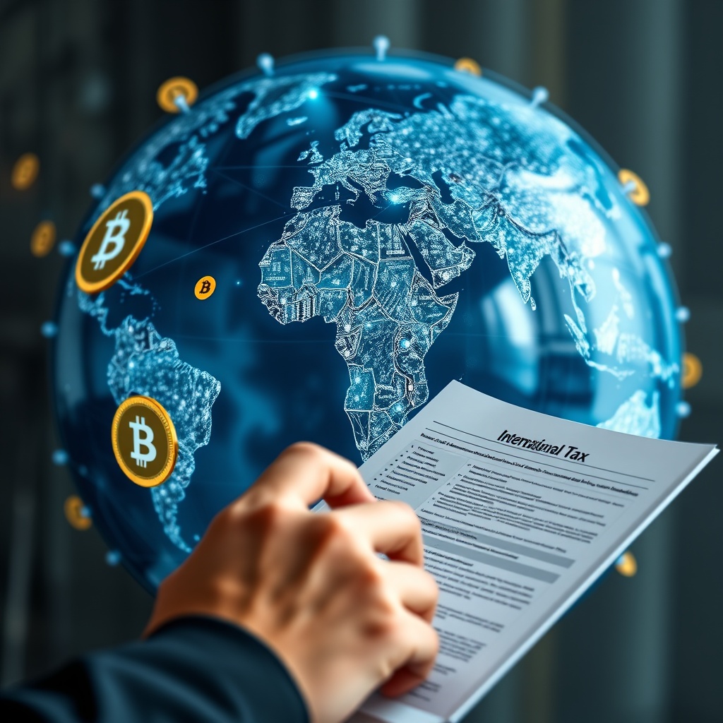 A professional stock photo of a globe with digital connections and cryptocurrency symbols overlaid, with a person reviewing international tax documents on a tablet, representing international tax considerations.